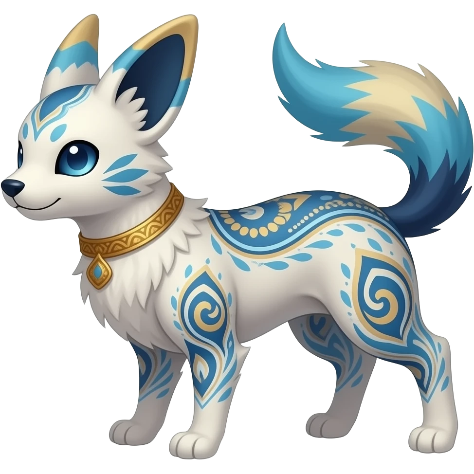 paisley-patterned Short-legged quadrupedal elegant oriental feral painted Absol-Glaceon-Sylveon-animal-Fakémon-fusion-hybrid-creature emoji
