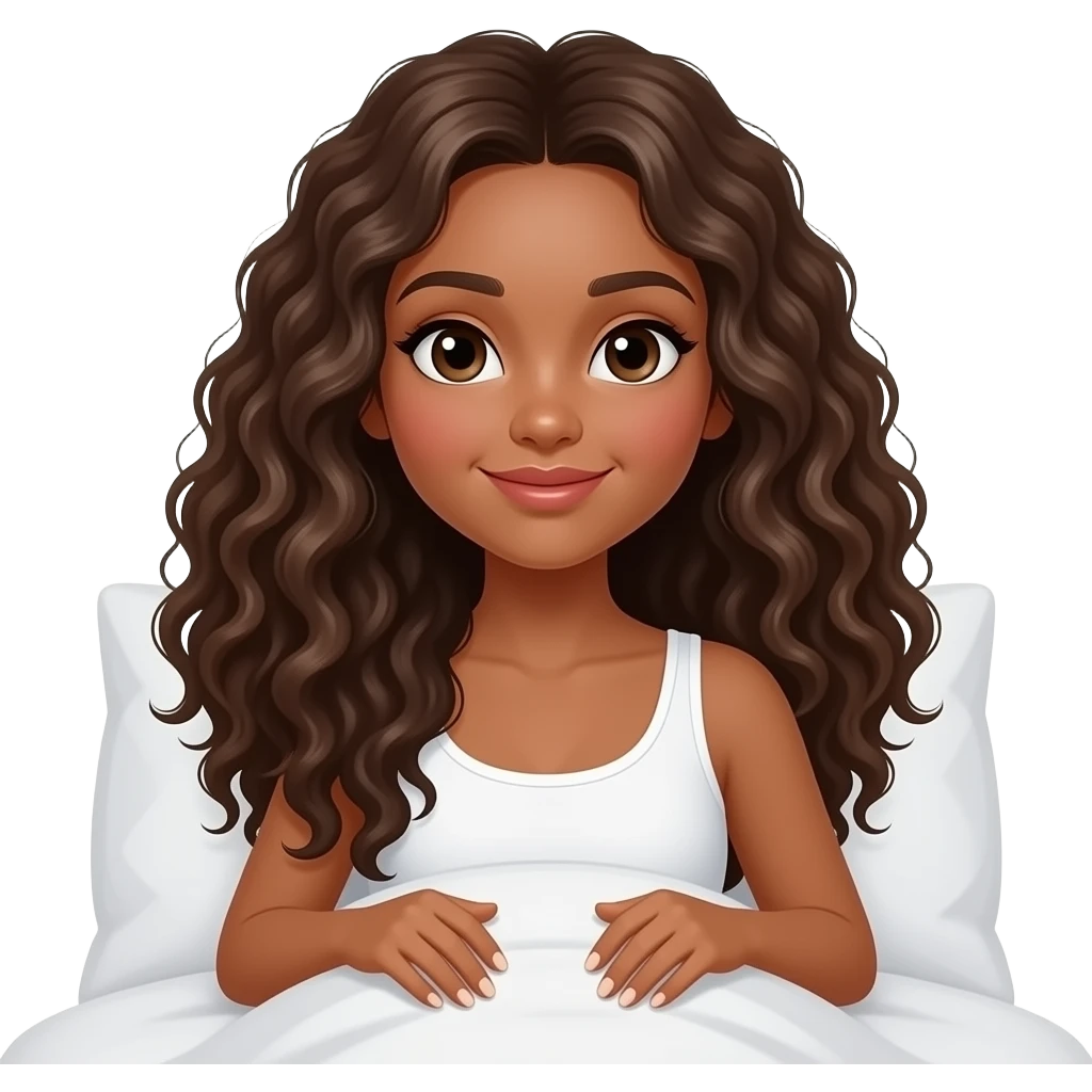Girl with long curly hair and tan skin in bed emoji