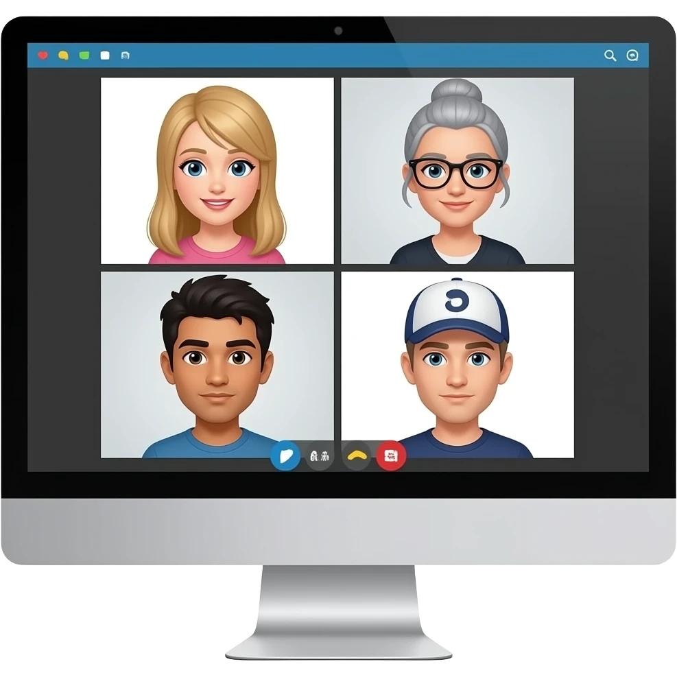 virtual meetings on computer screens amongs teammates: 2 girls (1 blonde, 1 ash gray with updo and black-framed glasses), 2 white guys (1 with black hair, 1 with ballcap) emoji