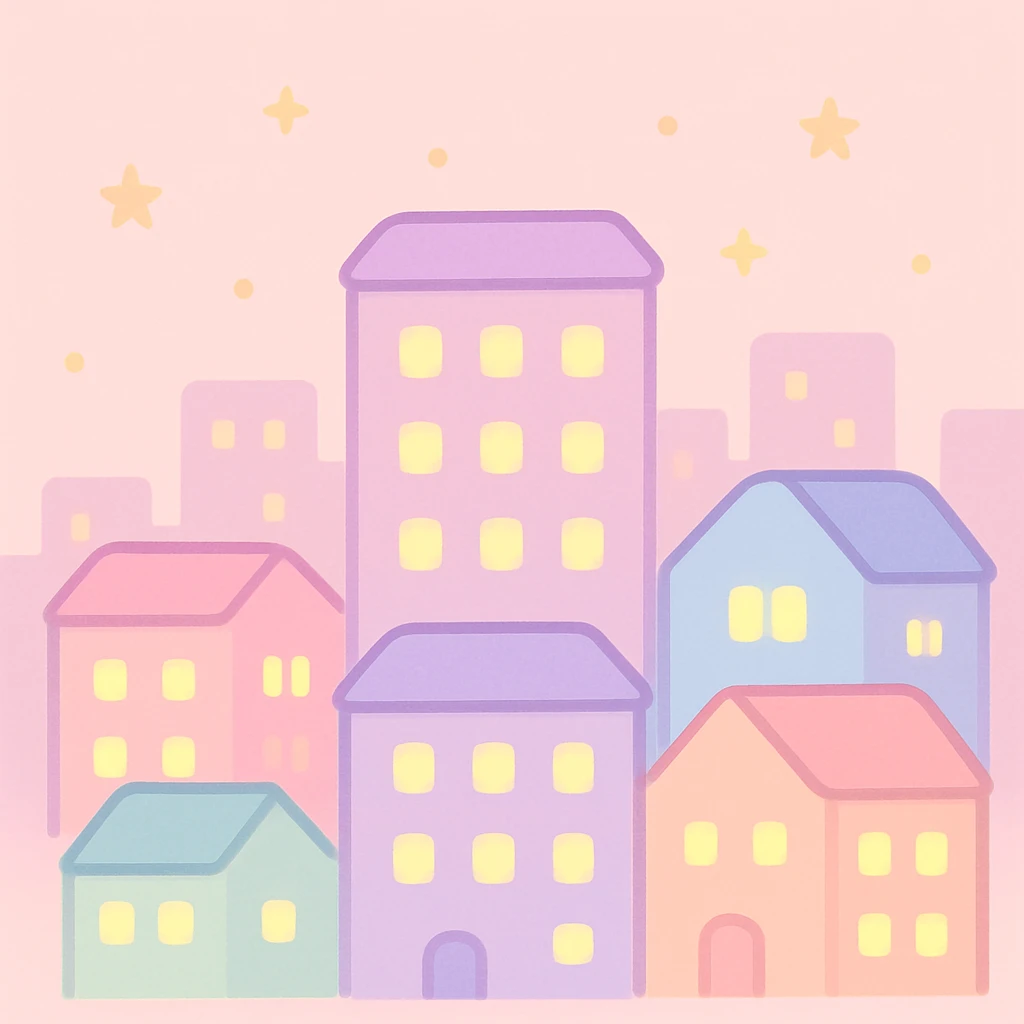 cityscape at dusk, gentle pastel tones, cozy windows lit up, kawaii cartoon style emoji