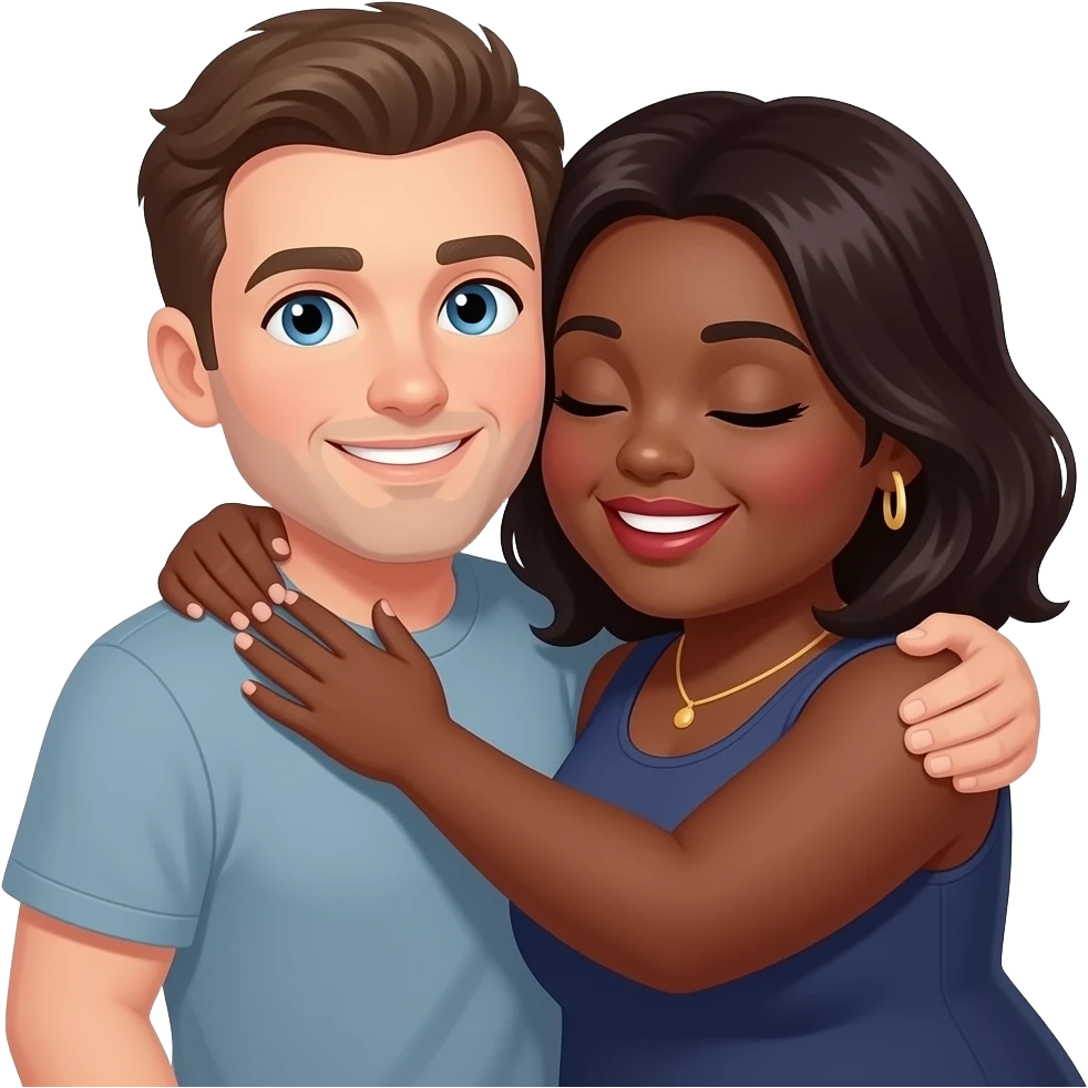 Plus sized Black woman with dark hair, hugging around the neck  white man medium build with mediu can C m lmmair emoji