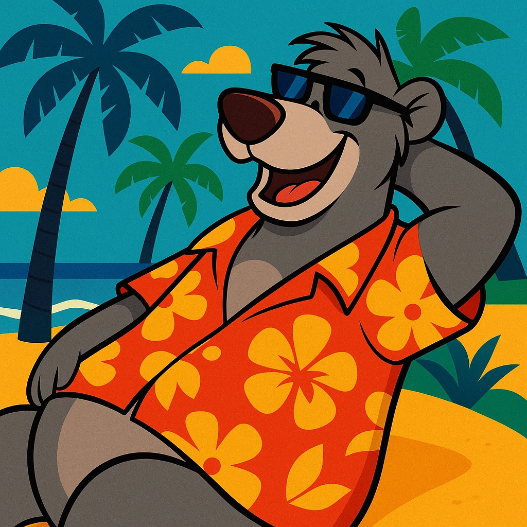 Baloo the bear relaxing on a tropical beach, wearing sunglasses and a Hawaiian shirt, palm trees and ocean in the background, vibrant and cheerful style emoji