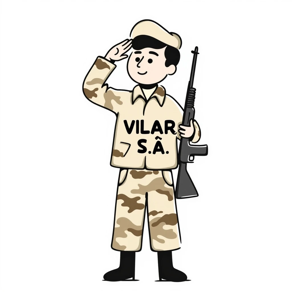 soldadito con uniforme camuflado en colores crema, marrón y beige, con la inscripción 'Vilar S.A.' en el pecho, saludando como militar, estilo dibujo a mano alzada emoji