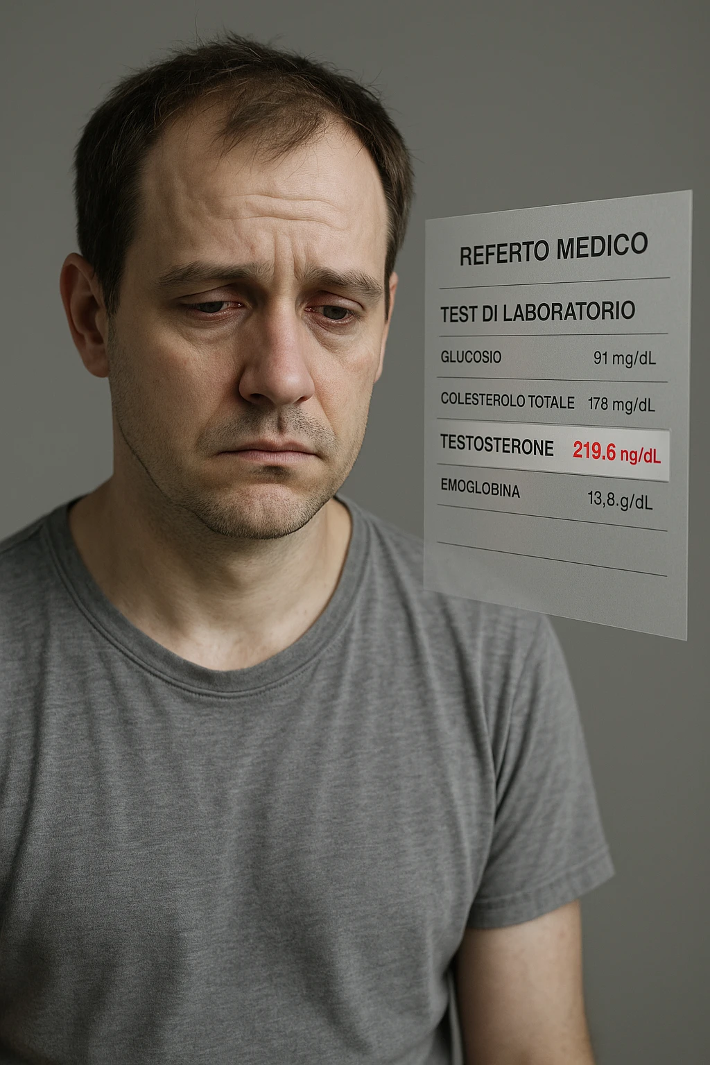 Un uomo caucasico di 35-45 anni, in CGI fotorealistico, che mostra i segni fisici ed emotivi di un basso livello di testosterone. aggiungere un referto medico semi-trasparente fluttuante accanto a lui, con valori di testosterone evidenziati in rosso. in italiano emoji