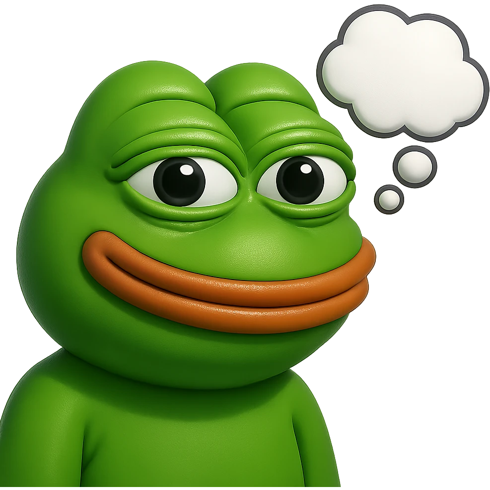 make a pepe in bright green smiling and looking straight at the camera with thought bubble looking at right right in 3d style, good highlights and shadows, drop shadows emoji