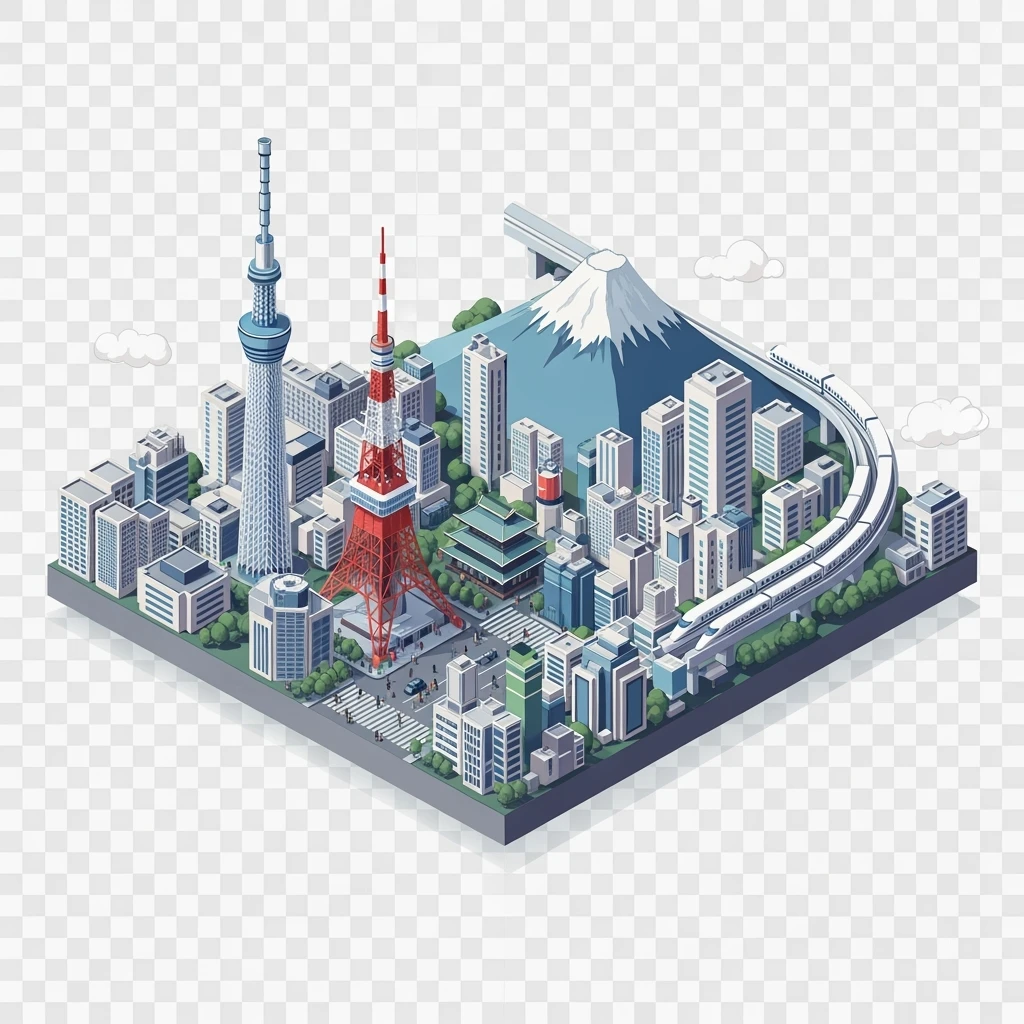 Isometric minimalistic illustration of Tokyo, with Tokyo Tower, Skytree, Shibuya Crossing, Mount Fuji in background, high-speed trains, subtle 3D miniature effect and Tilt Shift effect, no cartoonish look, transparent background. emoji