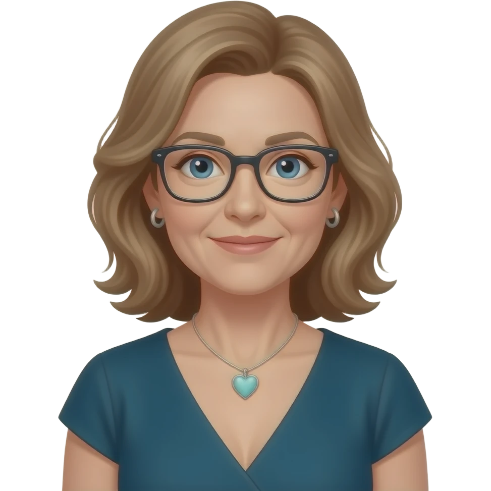 AJM - woman, blue eyes, mid 40's age, silver small hoop earrings, light brown hair, rectangular glasses, shoulder length wavy hair, small tiffany heart necklace, dark teal dress, emoji