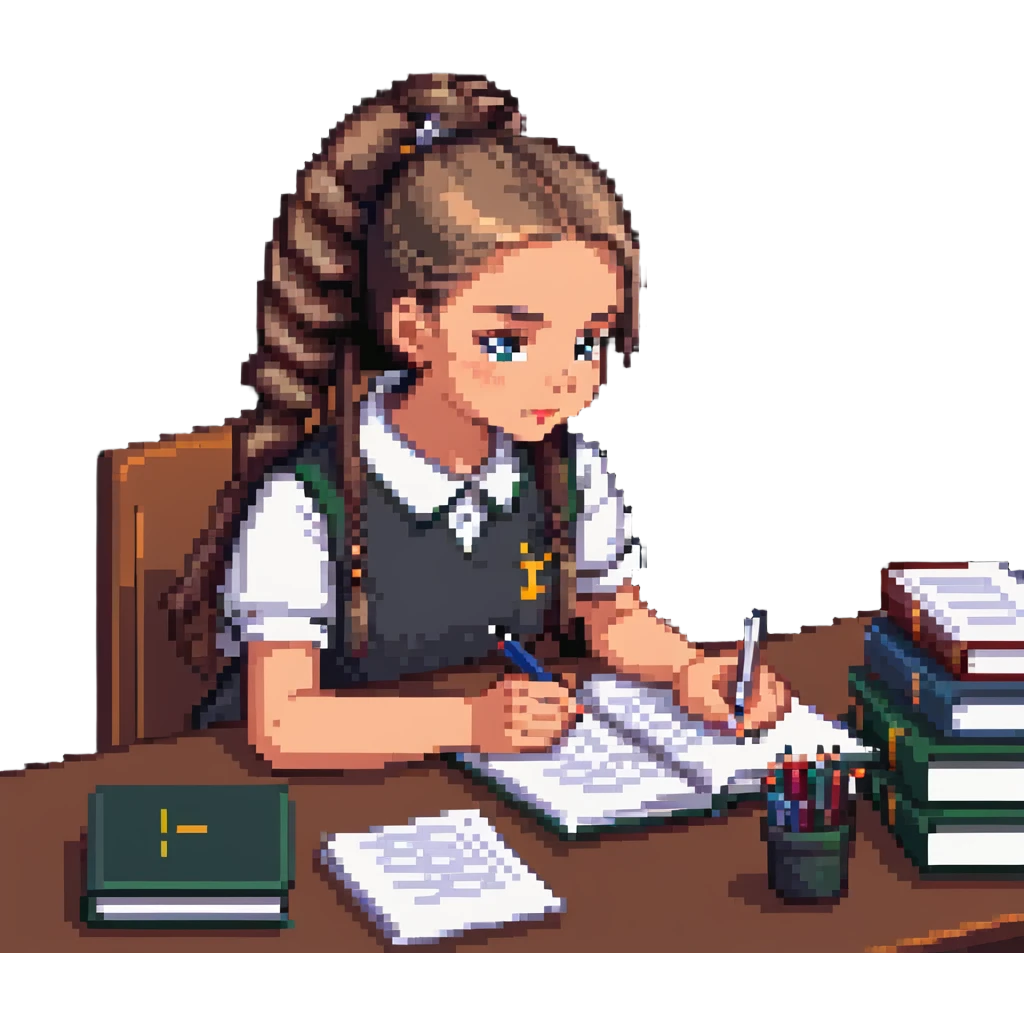 Girl with ponytail working on exam at desk with textbooks emoji