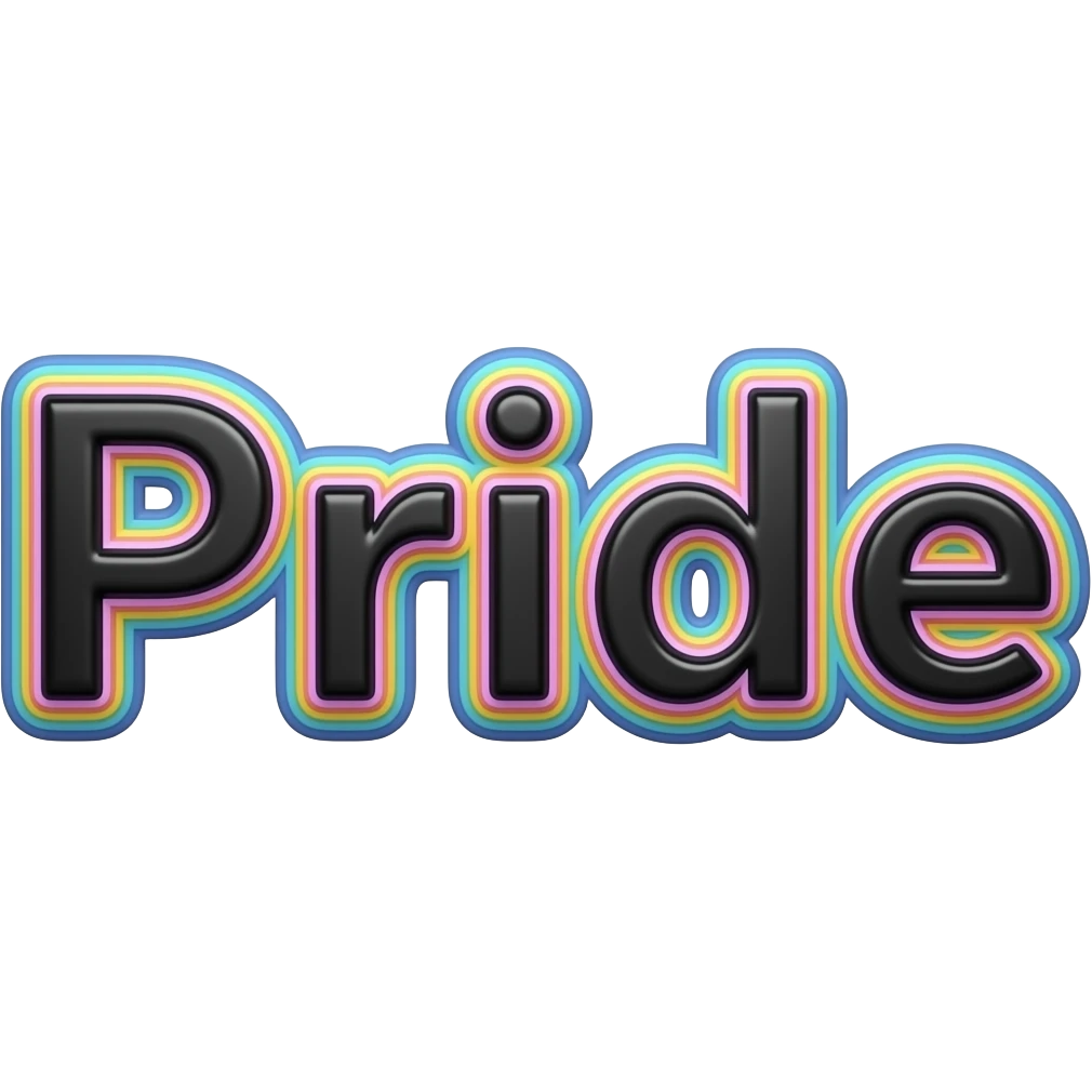 Word "Pride" in a glossy black color, 3D style typography lettering, with each neon pastel color as a layered effect outlined around each letter, isolated, 3d rendering, no emoji icons no emoji faces and must have no human figures emoji