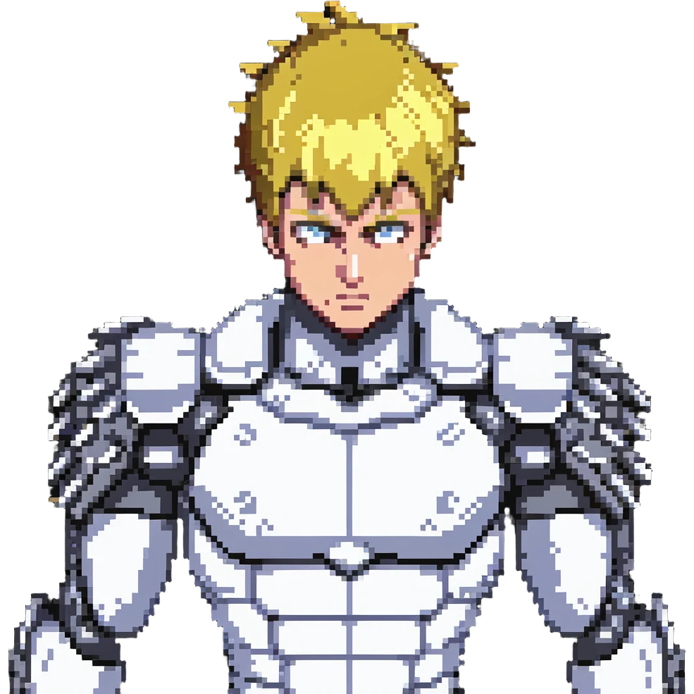 Genos from One Punch Man, android cyborg with spiky blond hair, metallic arms, intense eyes, compact and expressive, no text emoji