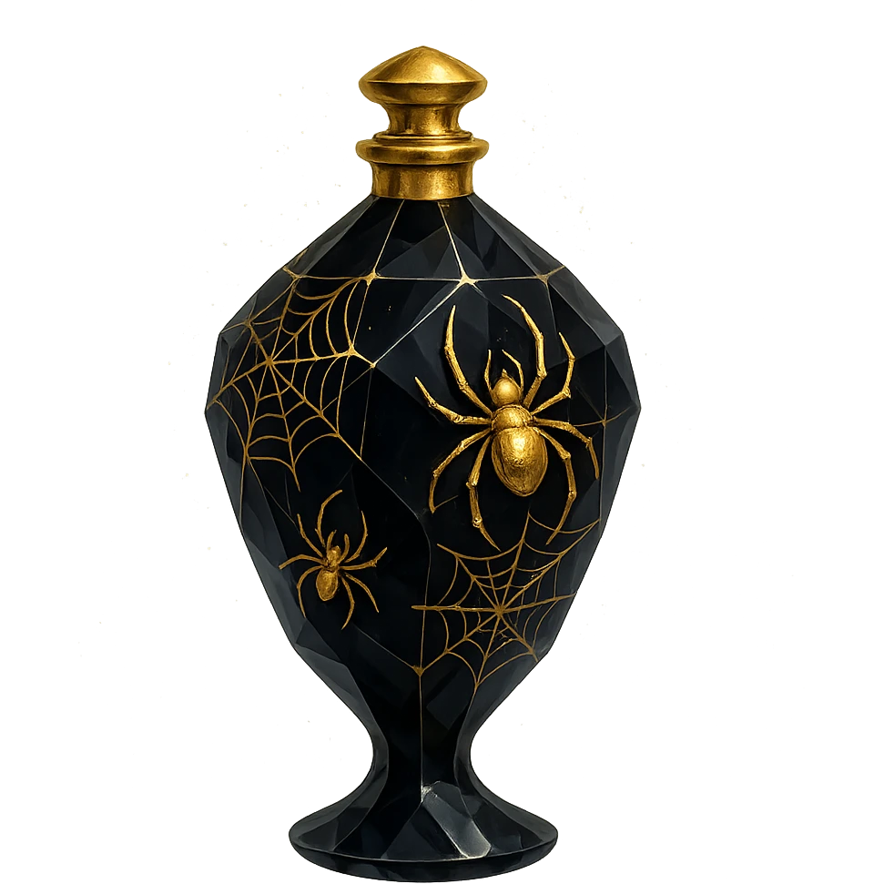 luxurious black crystal elixir bottle with lots of shine, facets, ornaments, decorated with spiders and spider webs, golden details, magical effects, very small golden neck, transparent background, beautiful merging base, clearly floating in the air, no base or shadow, premium class impression, design matching a collection of crystal, luxurious, magical bottles emoji