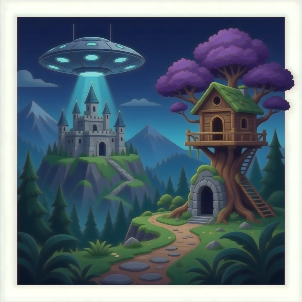 Crashed Alien saucer-castle jungle winding footpath mountainside getaway haunted nighttime landscape antique mudman very old broken cracked intricate Stone Age lapis-crusted irregular dodecagon-shaped shallow dark moss rough bark violet flowered maple treehouse bonsai emoji