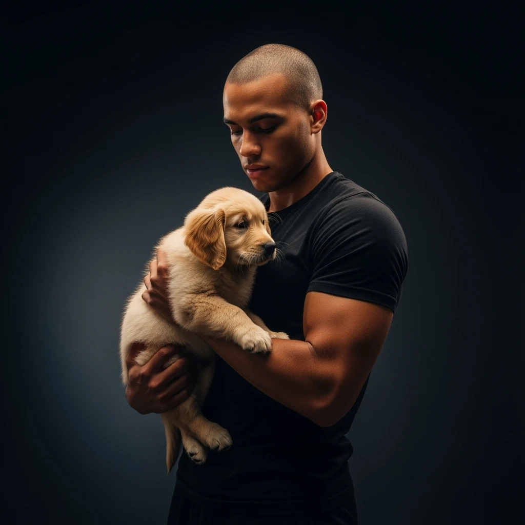 Photo of a musculated man holding puppy golden retriver, low key light emoji