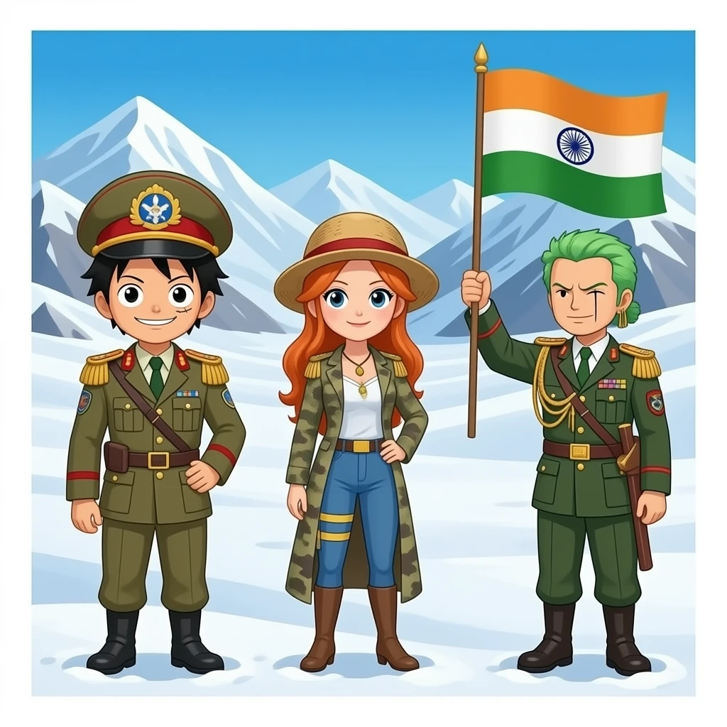 Luffy and sanji then zoro from One piece all three female military general has hoisted the Indian flag in Siachen glacier emoji