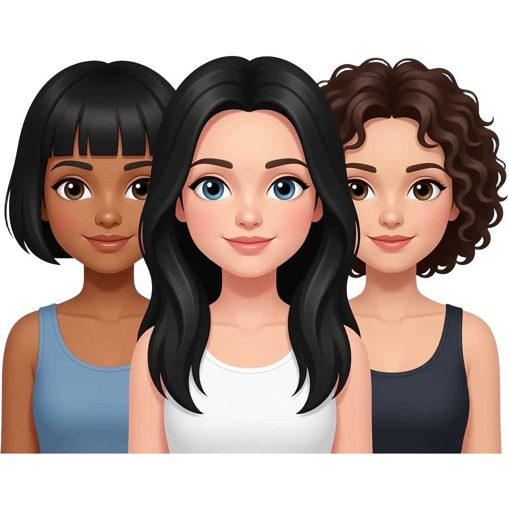 3 sisters one with short hair tan skin one with long black hair white skin and one with dark brown curly hair with white skin tone emoji