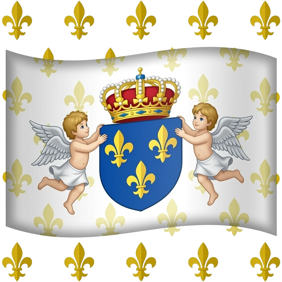 drapeau du royaume de france, blanc, parsemé de fleur de lys d'or, au centre, l'écusson bleu des bourbons avec trois fleur de lys d'or, et deux chérubins qui le tiennent emoji
