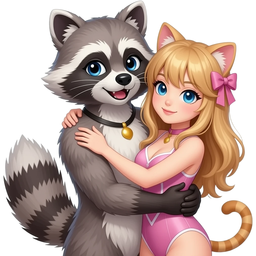 sexy raccoon cosplay human guy is hugging cute, sexy cat girl emoji