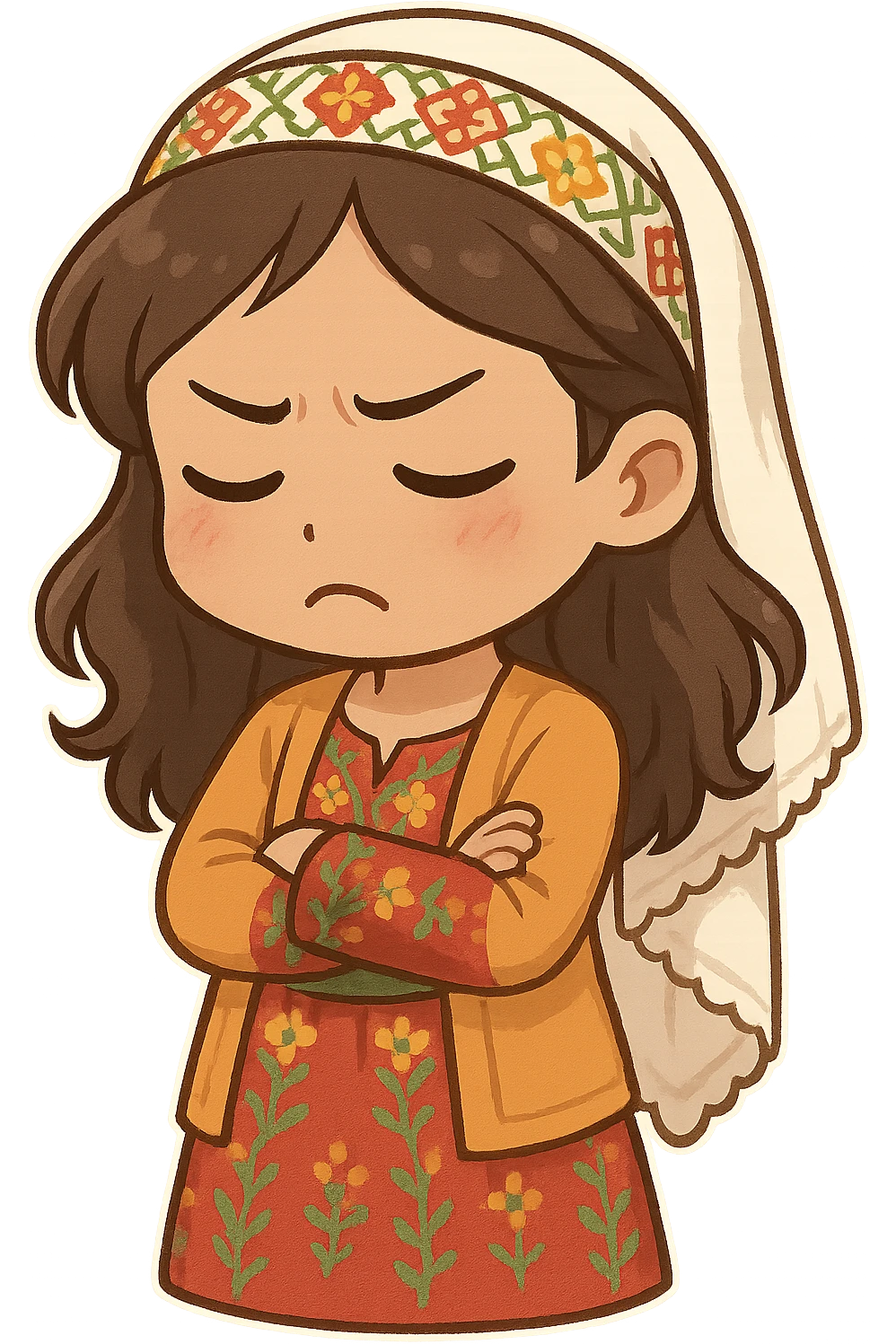 Kurdish woman in traditional dress jamadani, upset mood, cartoon style, arms crossed or looking down, frowning, no text emoji