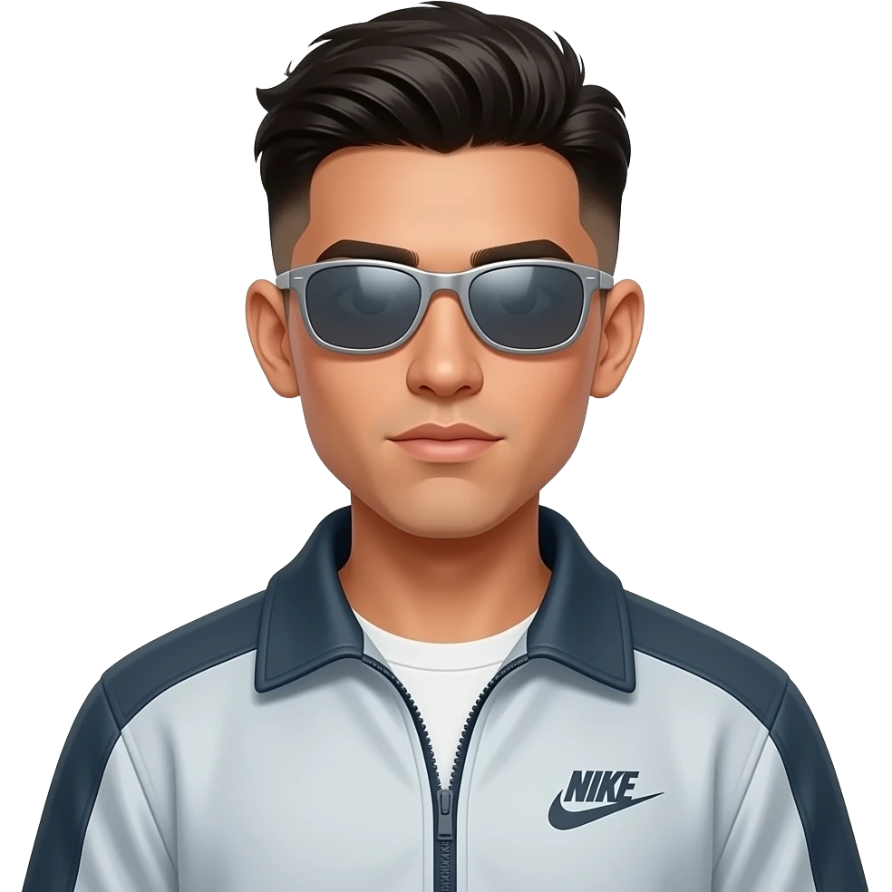 Apple style emoji of a young Latino man with a sharp skin fade, wearing sporty silver wraparound sunglasses with reflective lenses. He is wearing a vintage oversized Nike-style tracksuit jacket. High-quality 3D Memoji aesthetic, 2000s reggaeton style. emoji