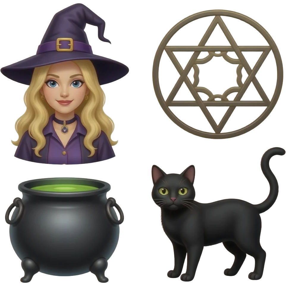 Witch with blonde hair, cauldron, pentagram, black cat, baphomet emoji