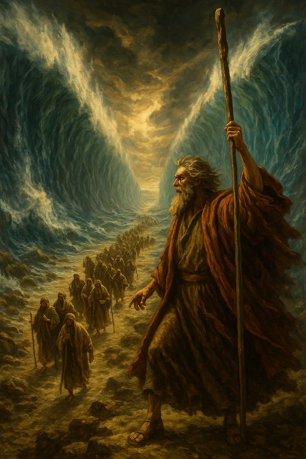 Moses with staff, Red Sea split in two, Israelites walking through, epic biblical illustration emoji