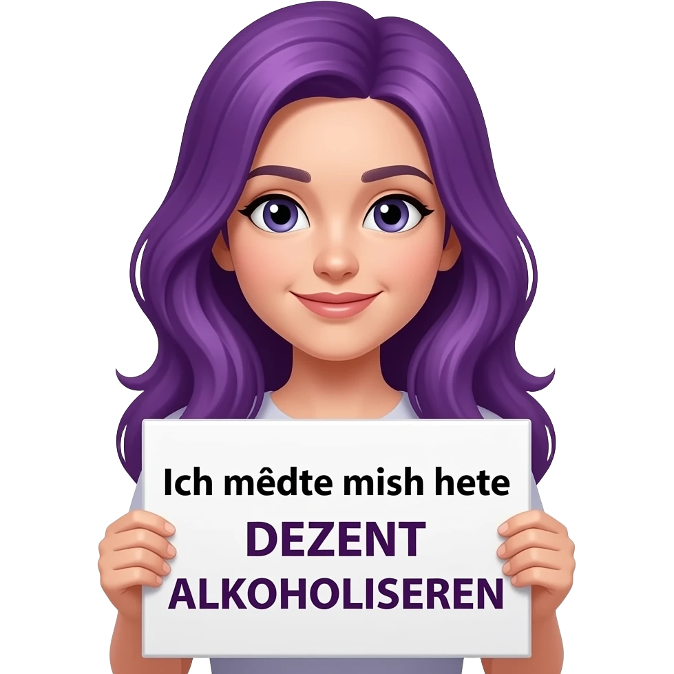 girl with long purple hair holding a Ich möchte mich heute DEZENT ALKOHOLISIEREN sign emoji