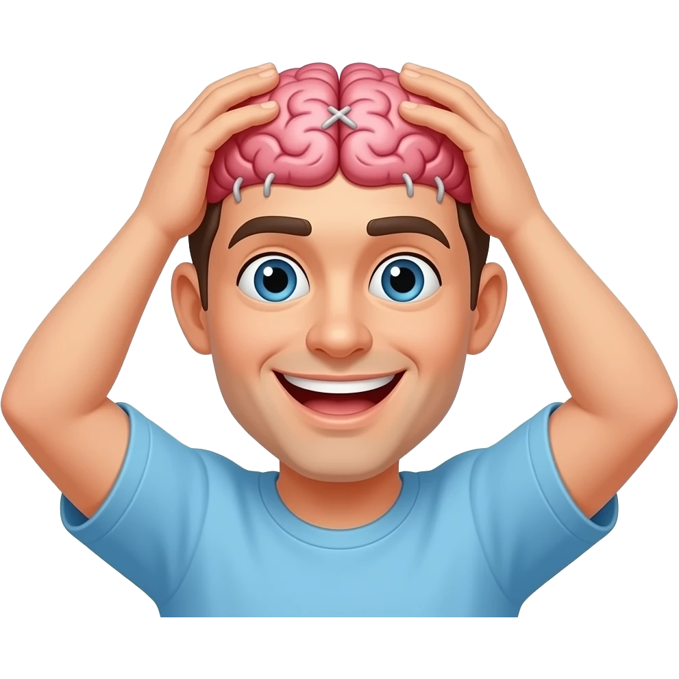 a guy pulling the top of his head off held together by stitches showing his brain which has a mout h and is smiling saying in text "You GOt Me" emoji