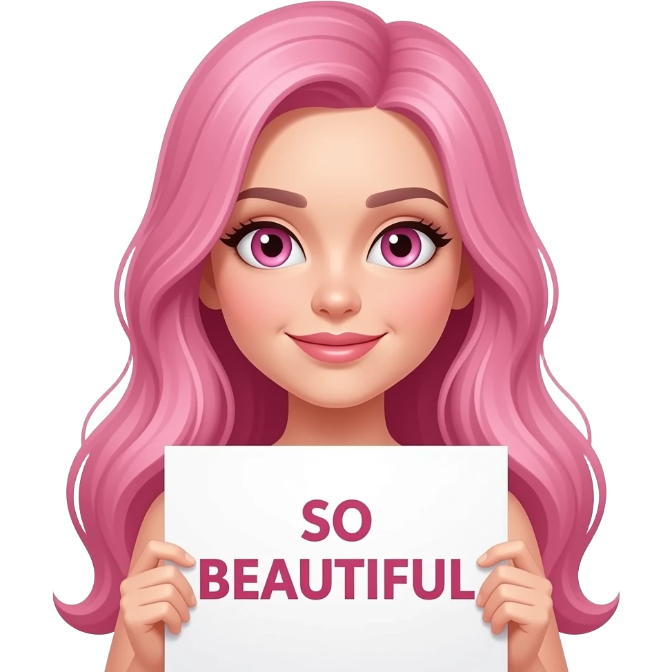 sexy girl with long pink hair and pink eyes wearing a holding a SO BEAUTIFUL sign emoji