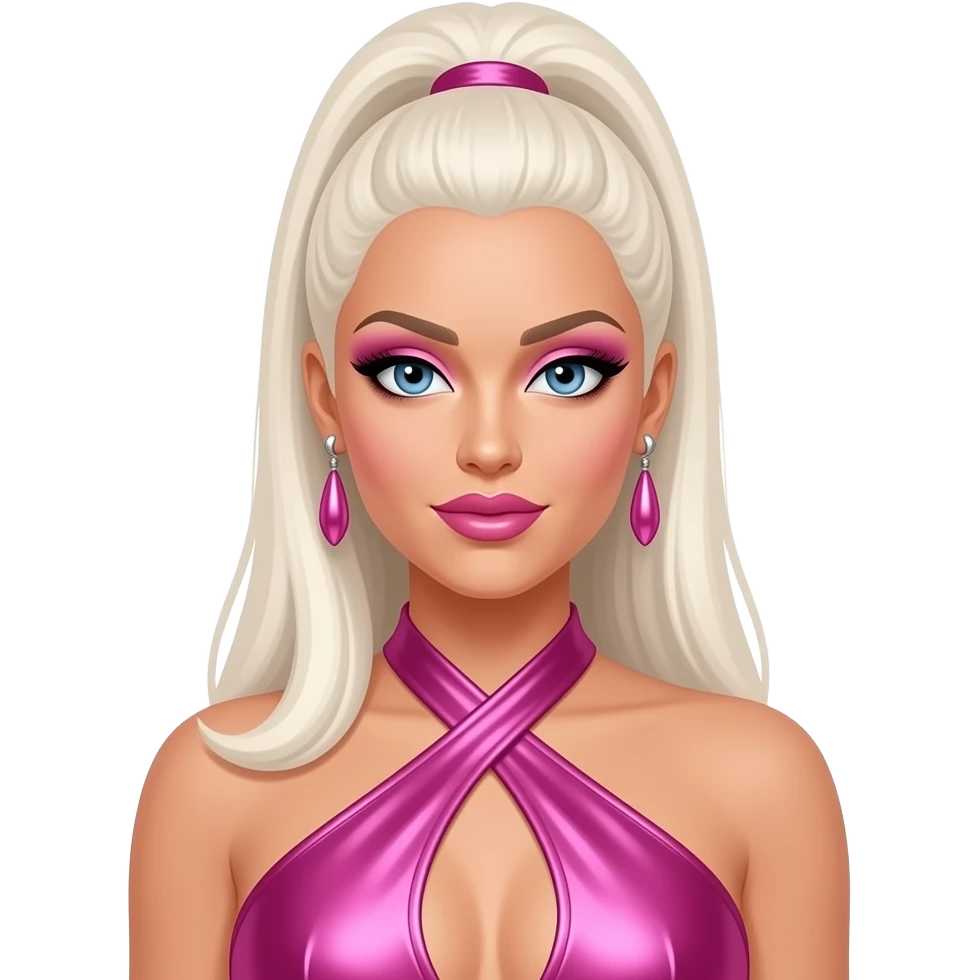 Kimberly Wyatt from The Pussycat Dolls with blue eyes, long white blonde straight high ponytail hair, pink eyeshadow and lipstick, hot pink metallic halter dress, earrings emoji