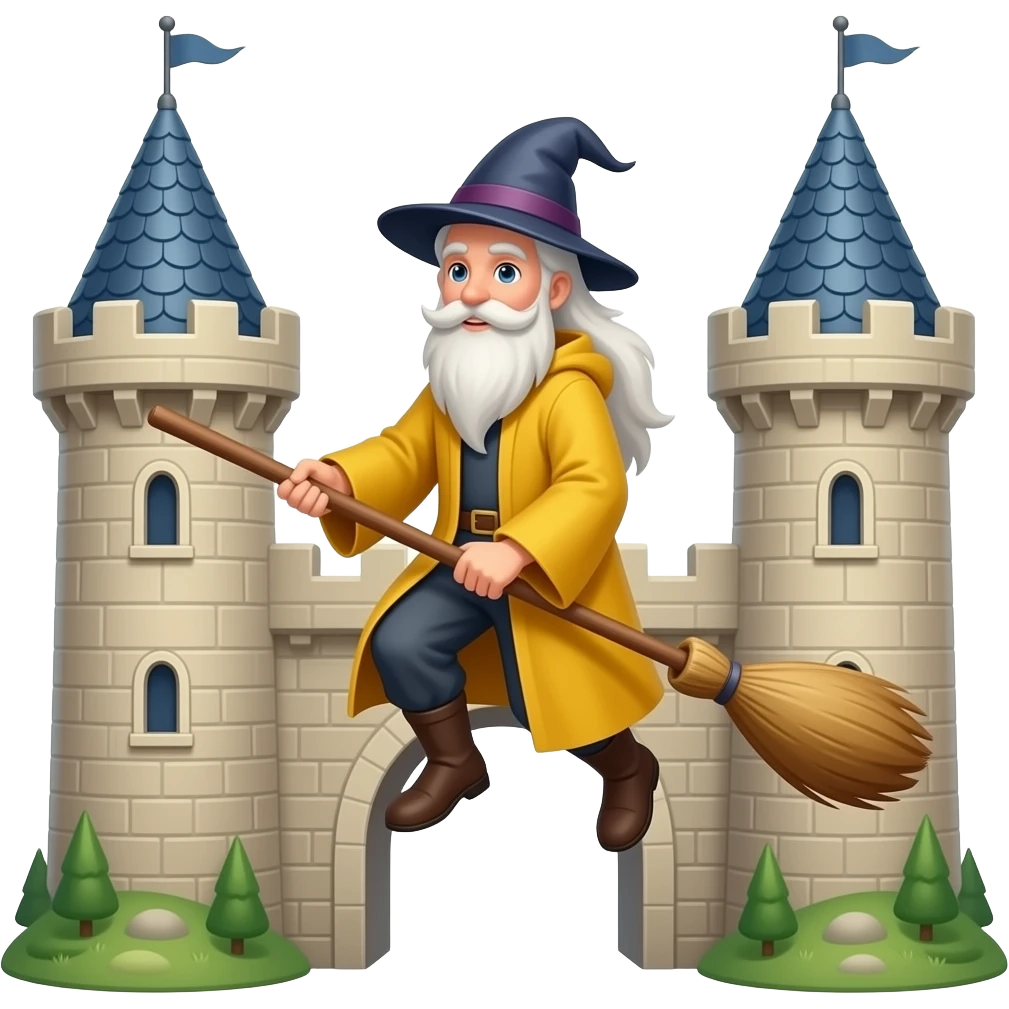 wizard in yellow robes flying a broom into twin towers emoji