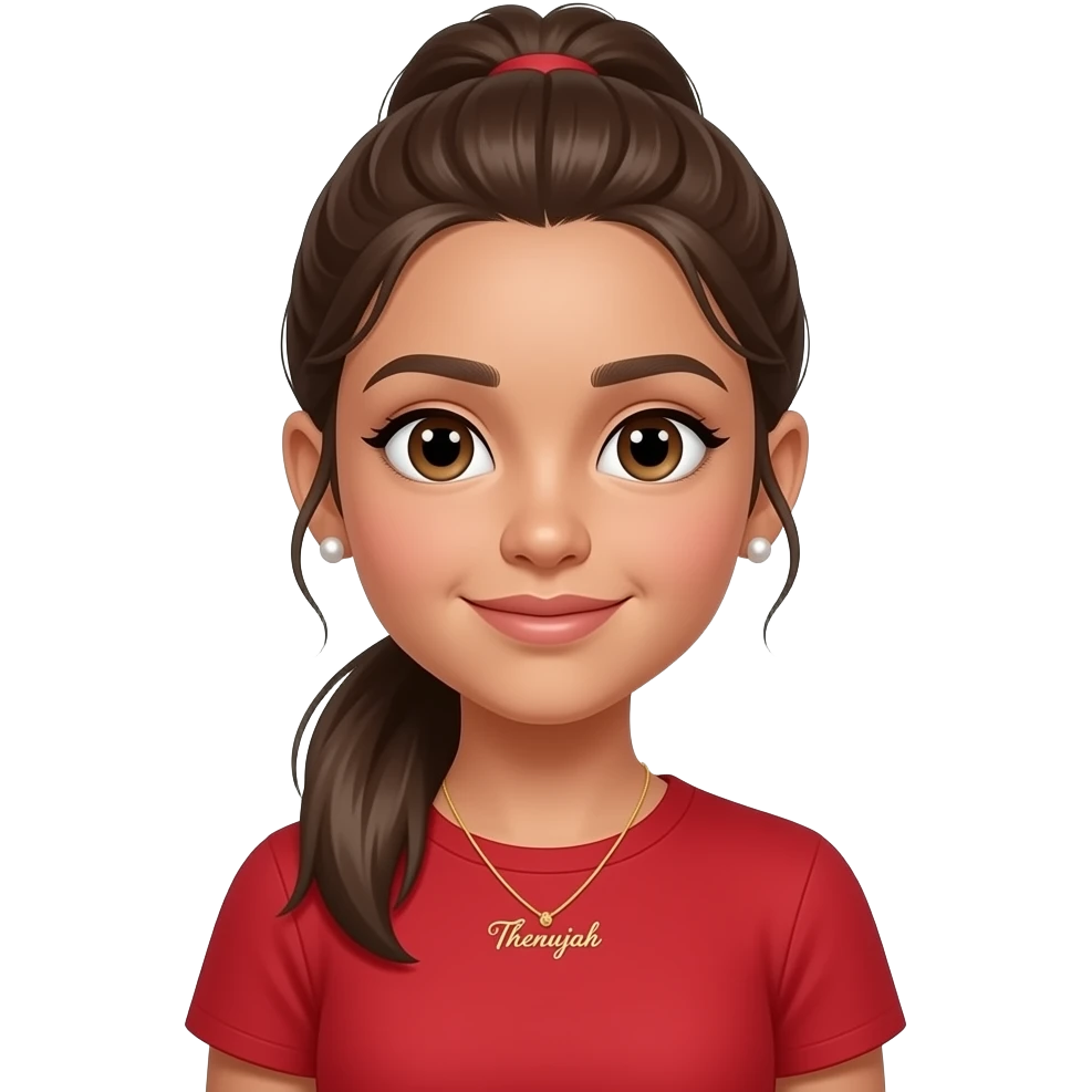 Make a girl that looks real and not 100% AI generated. A girl with light brown skin with ponytail in front She has pearl earrings and a necklace that says ‘Thenujah’ in cursive gold. She is skinny make her face a v shape. She is wearing red. She is 12 years oD emoji