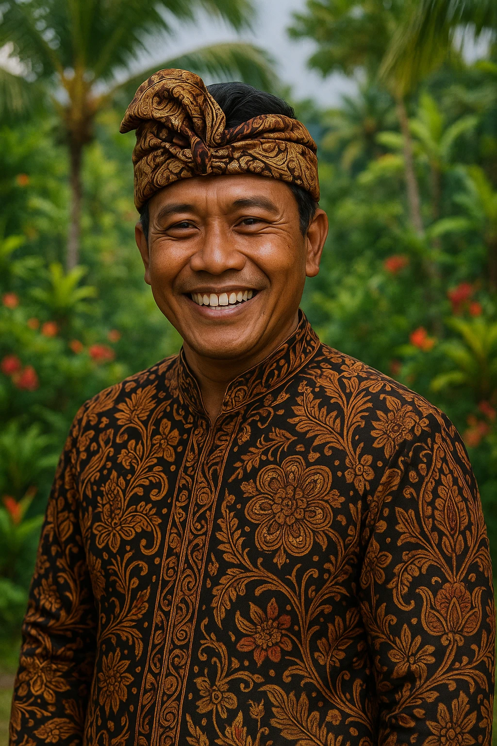 a Balinese person wearing traditional attire with a warm smile, intricate batik patterns, tropical background emoji