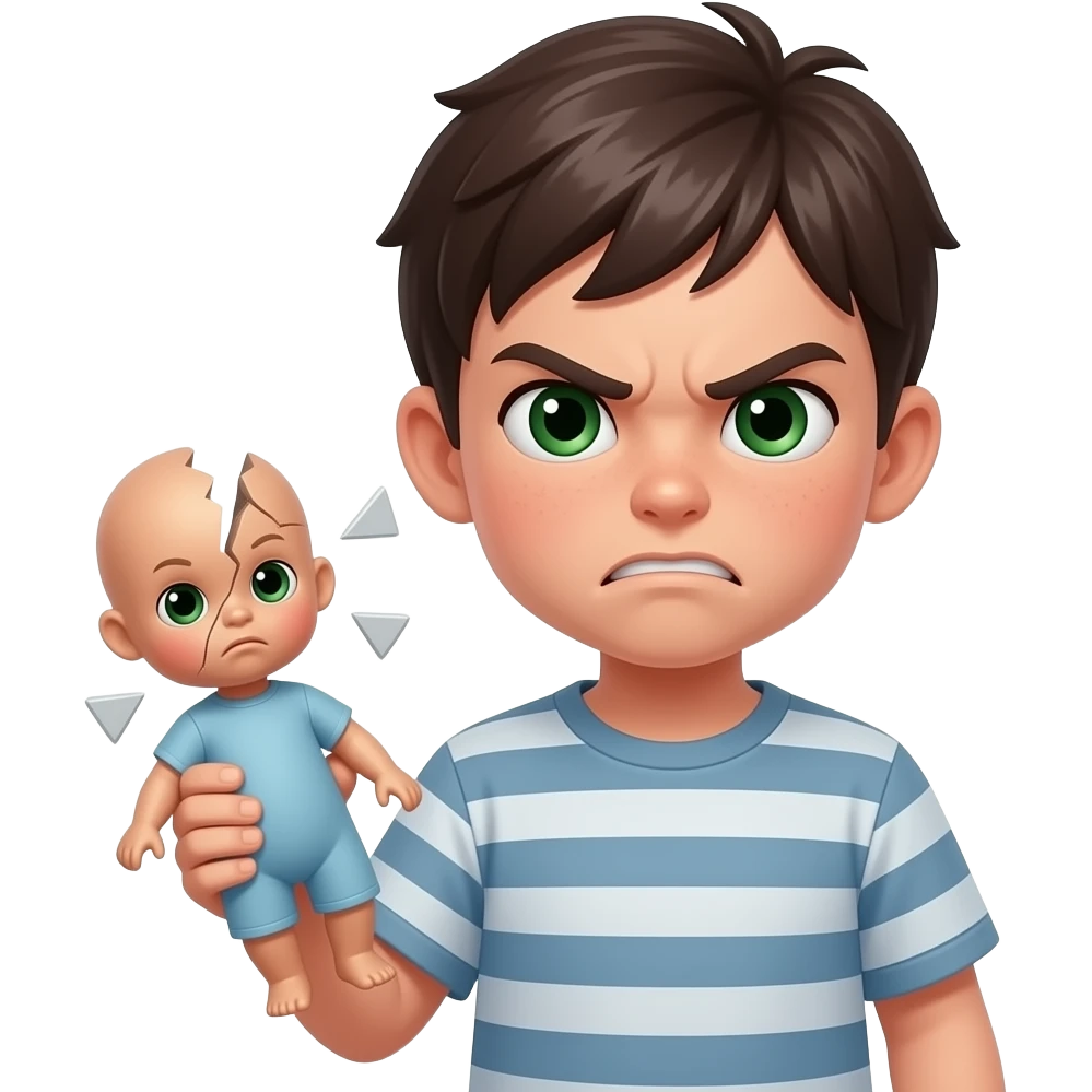 Little slim dark haïr boy with dark green eyes with broken doll in one Hans with very angry fac emoji