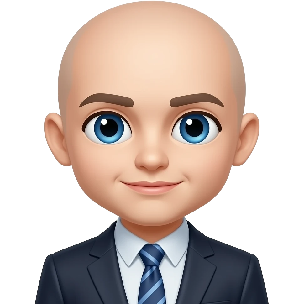 totally bald person with blue eyes and a suit and tie with a kawai face emoji