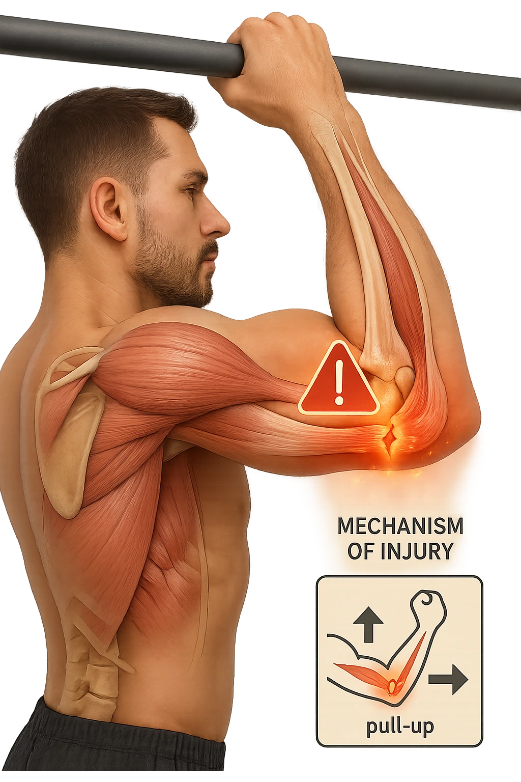 3D, vertical anatomical visualization: close-up of a man’s elbow during a pull-up, with the internal anatomy visible. A clear rupture or lesion is shown in the tendon or ligament, colored in red and orange. Swelling and inflammation are depicted around the joint. A warning icon and a small infographic explain the mechanism of injury. emoji