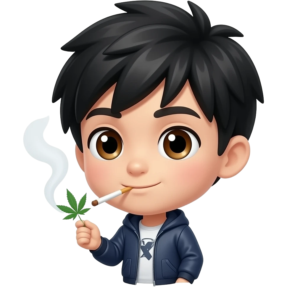 Chibi man black hair brown eyes smoking weed emoji