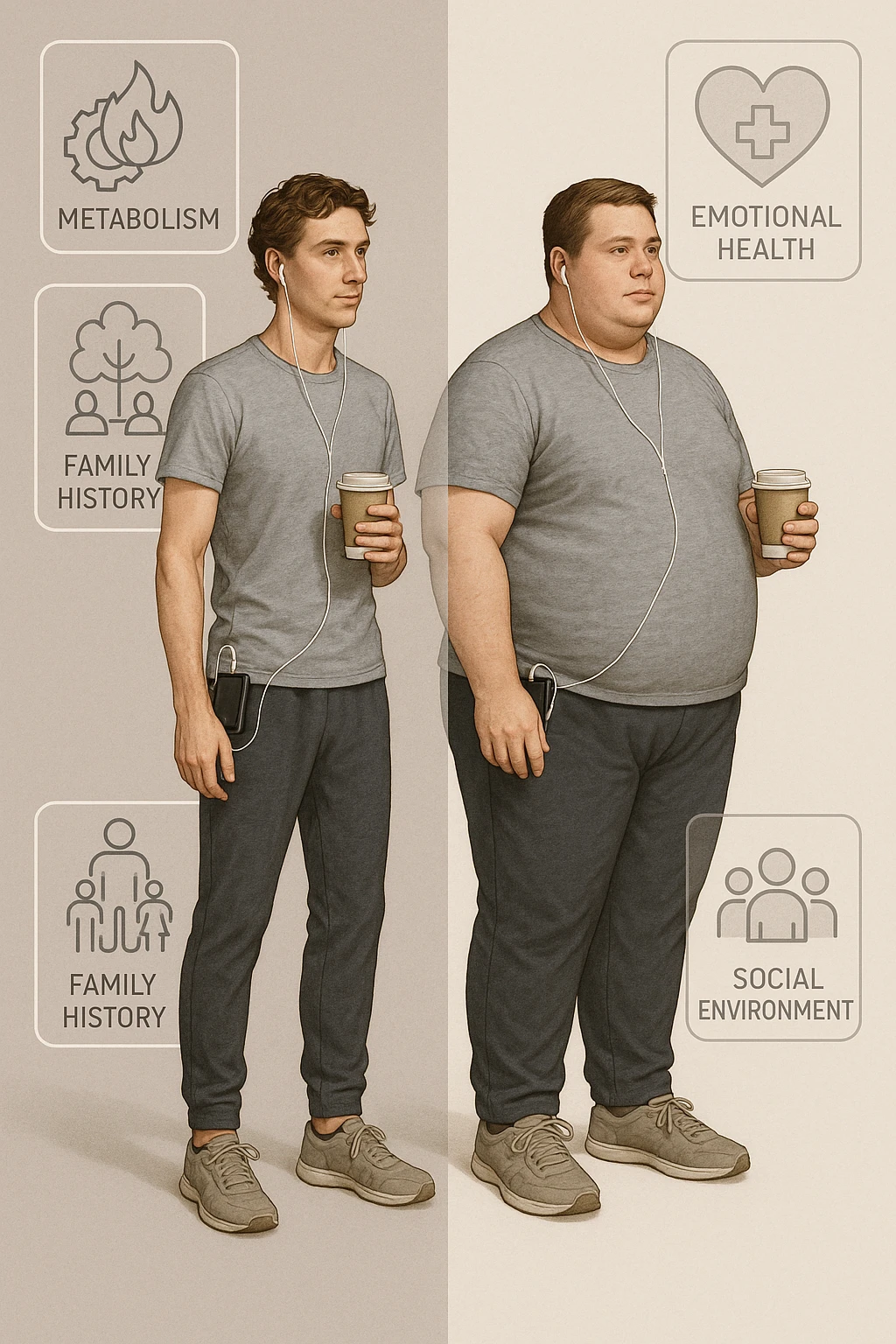 a split illustration showing two individuals with similar lifestyles but different body types. Around them, transparent overlays display factors such as metabolism, family history, emotional health, and social environment, highlighting the complexity behind body weight differences. The background is neutral and modern. realistica emoji