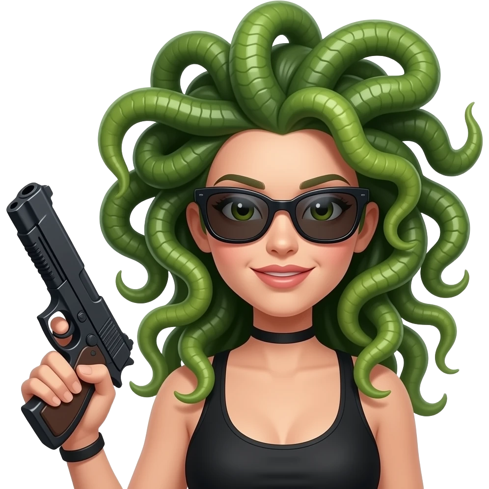Flirty Beautiful Medusa with sunglasses holding gun emoji
