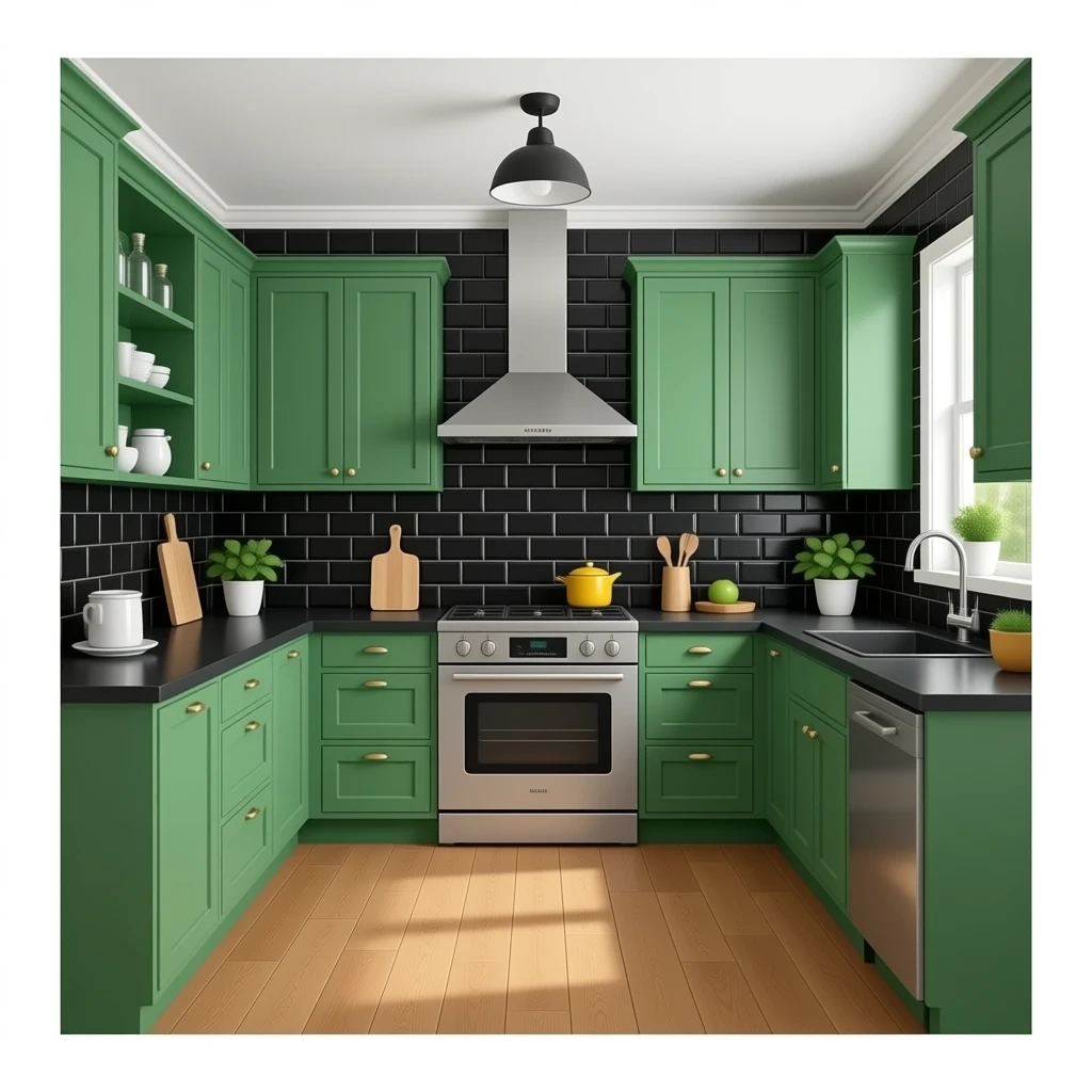 fancy kitchen with black wall tiles, kelly Green cabinets, black countertops and wood floors emoji
