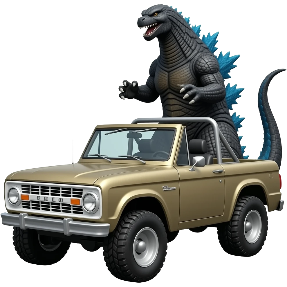Godzilla behind 1967 convertible ford bronco in Bluetooth roll cage emoji