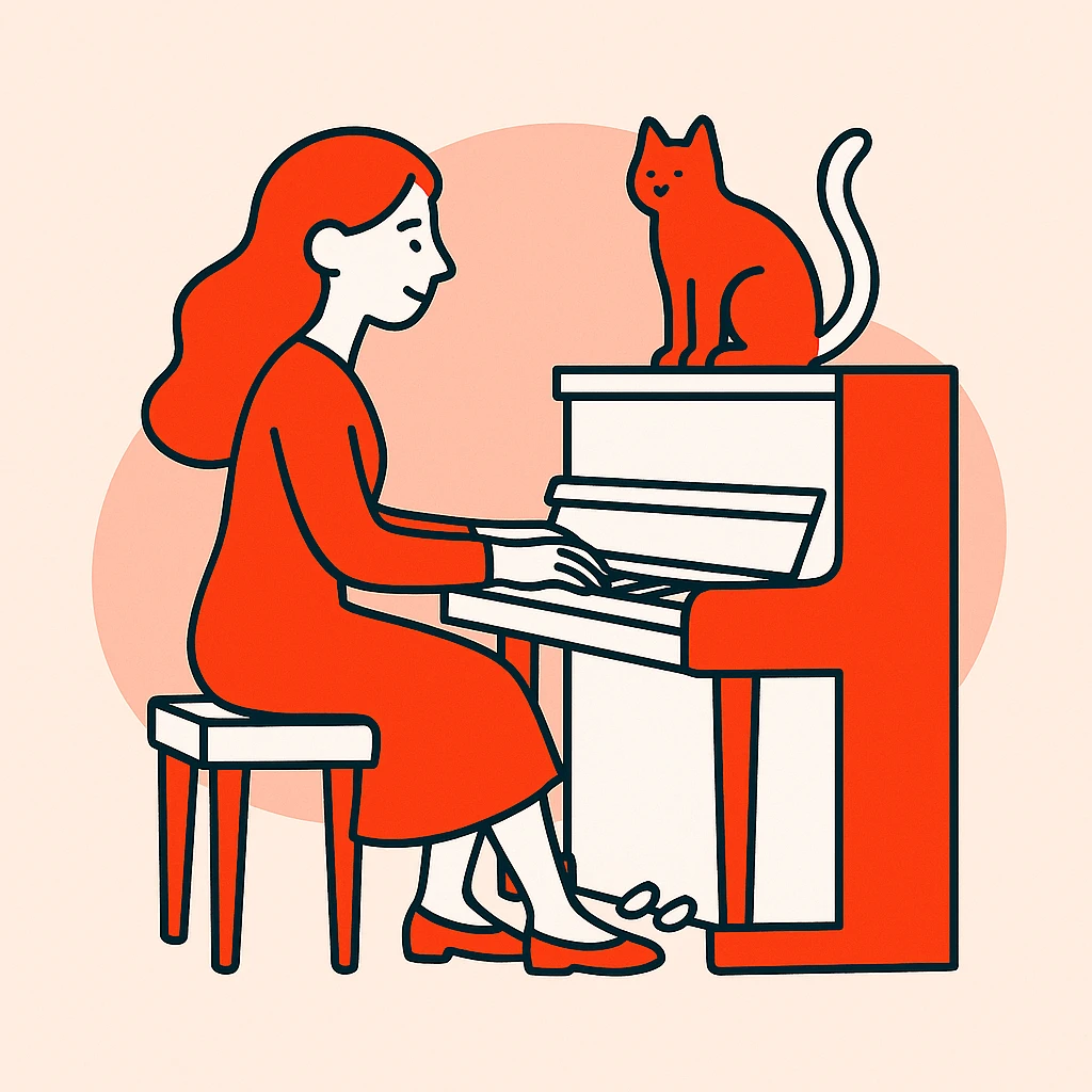 woman playing piano while her cat sits on top of the piano emoji