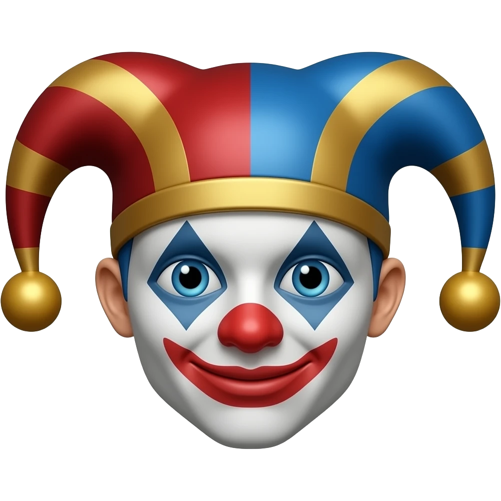 Using the image I sent can you use the format of an emoji following with a red and blue jester with gold stripes can you make his face exactly like the picture emoji