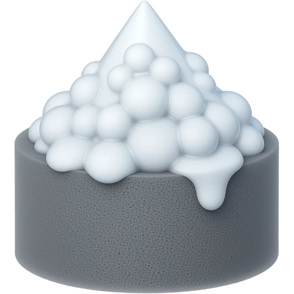 A 3D grey sponge covered in a mountain of rich, fluffy white soap bubbles, soft and airy aesthetic, high detail. emoji