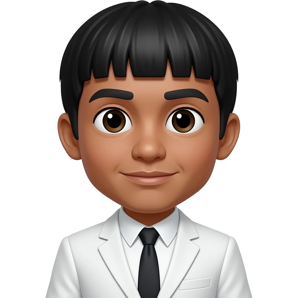 A tiny dark skinned midget philipino man with a mushroom cut wearing a white suit with a haircut like the Beatles emoji