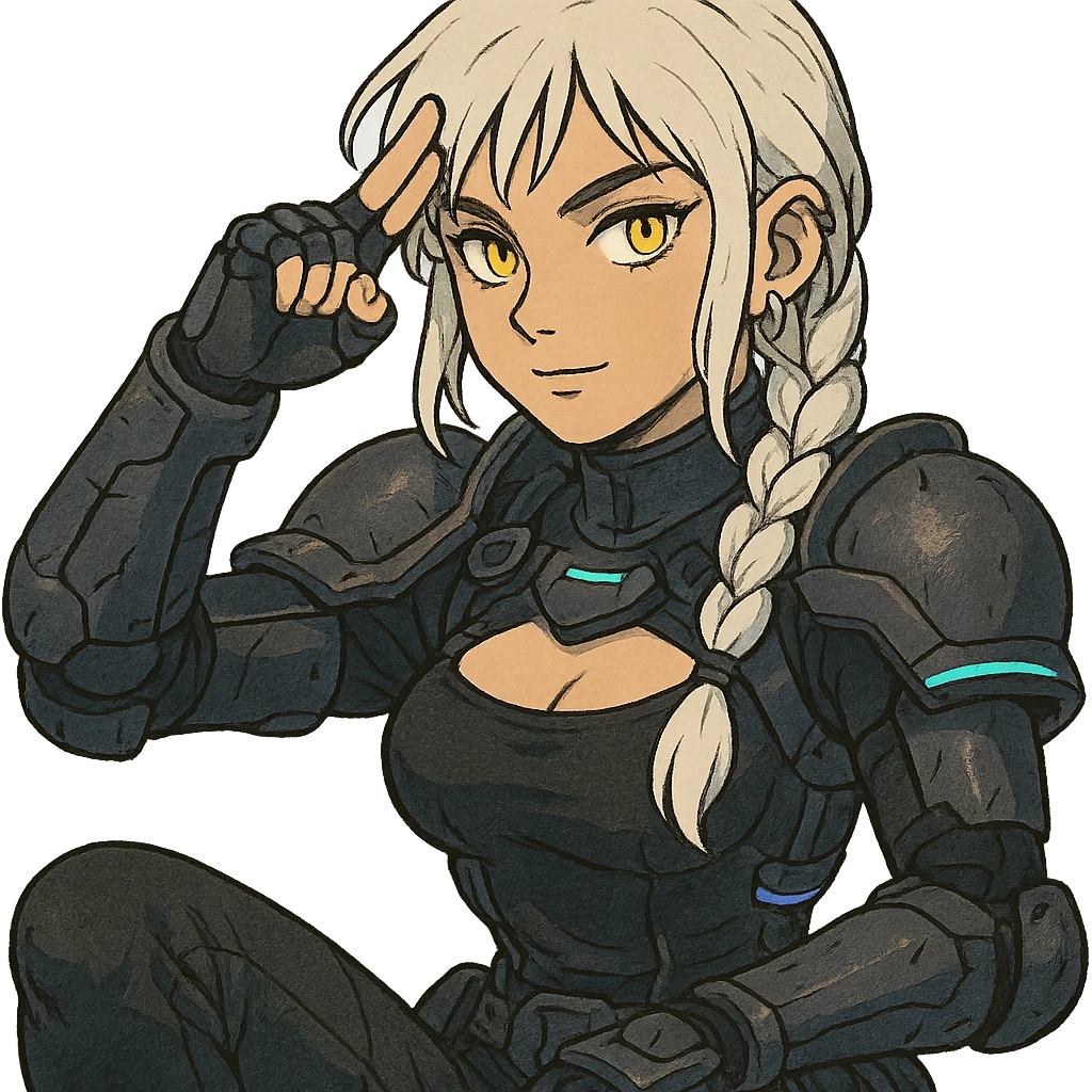  she is wearing armor, maximum power , except instead she's giving a victory salute, a closeup portrait of young woman with gold yellow eyes, white hair, long braid, black off-shoulder top d-cup, punk gothic style, futuristic cyberwave cyberpunk, sitting position
 emoji