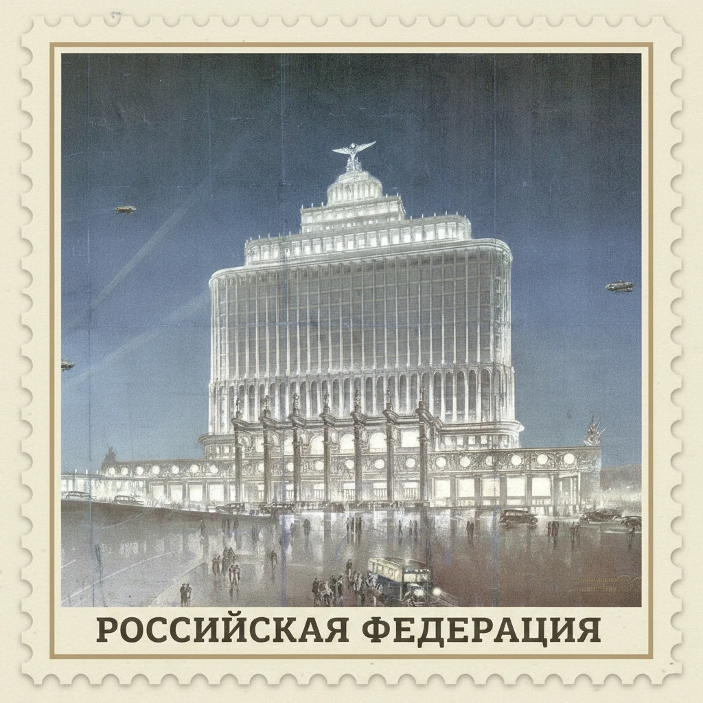 Стилизуй изображение здания под марку как на первом фото

100 из правого верхнего угла убери и герб СССР из левого верхнего угла убери emoji