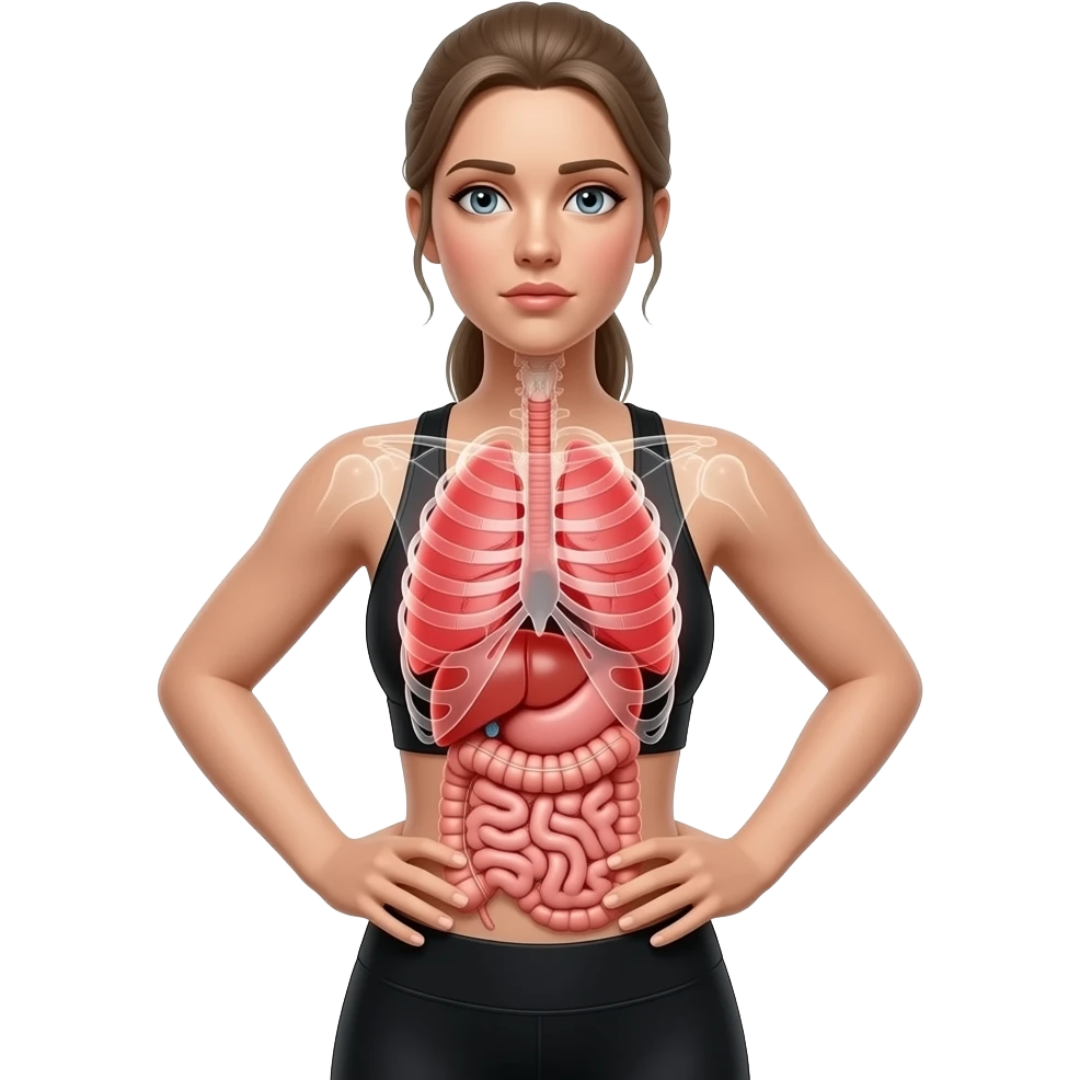 breathing discomfort, anatomical highlight of the lungs, rib cage, and diaphragm, full red glow over chest and ribs, woman with hands on ribs, fair-skinned woman, gray-blue eyes, ash brown brows, ash light brown hair tied back, slim athletic body, black workout set emoji