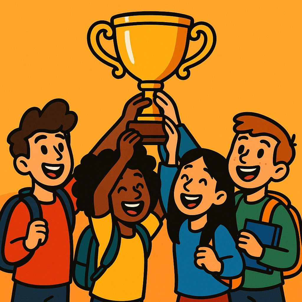 quatre étudiants heureux soulèvent ensemble un trophée, illustration expressive, fond simple, couleurs vives emoji