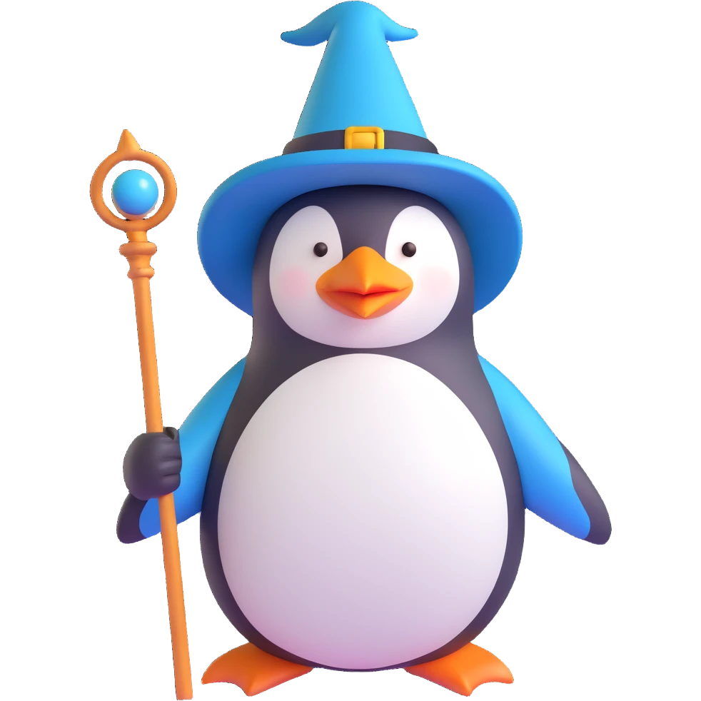 3D emoji of a penguin wearing a wizard hat and holding a staff emoji