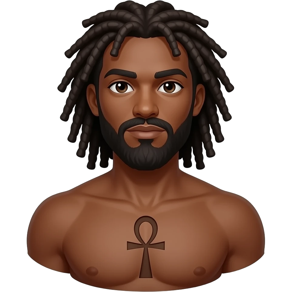 dark man with a mustache locs floating with a ankh symbol on his chest emoji